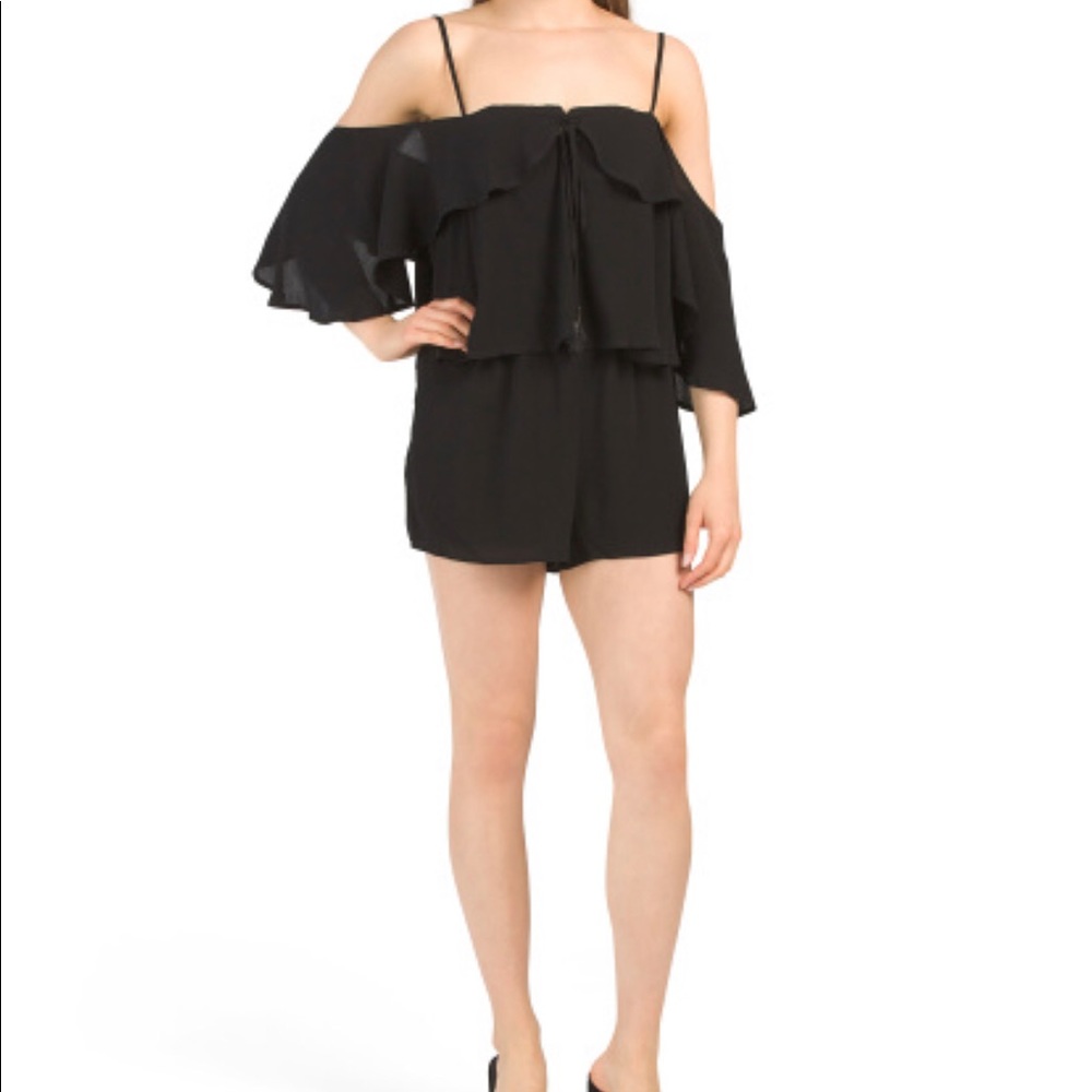 L SPACE SOLID RUFFLE TRIM WOVEN ROMPER